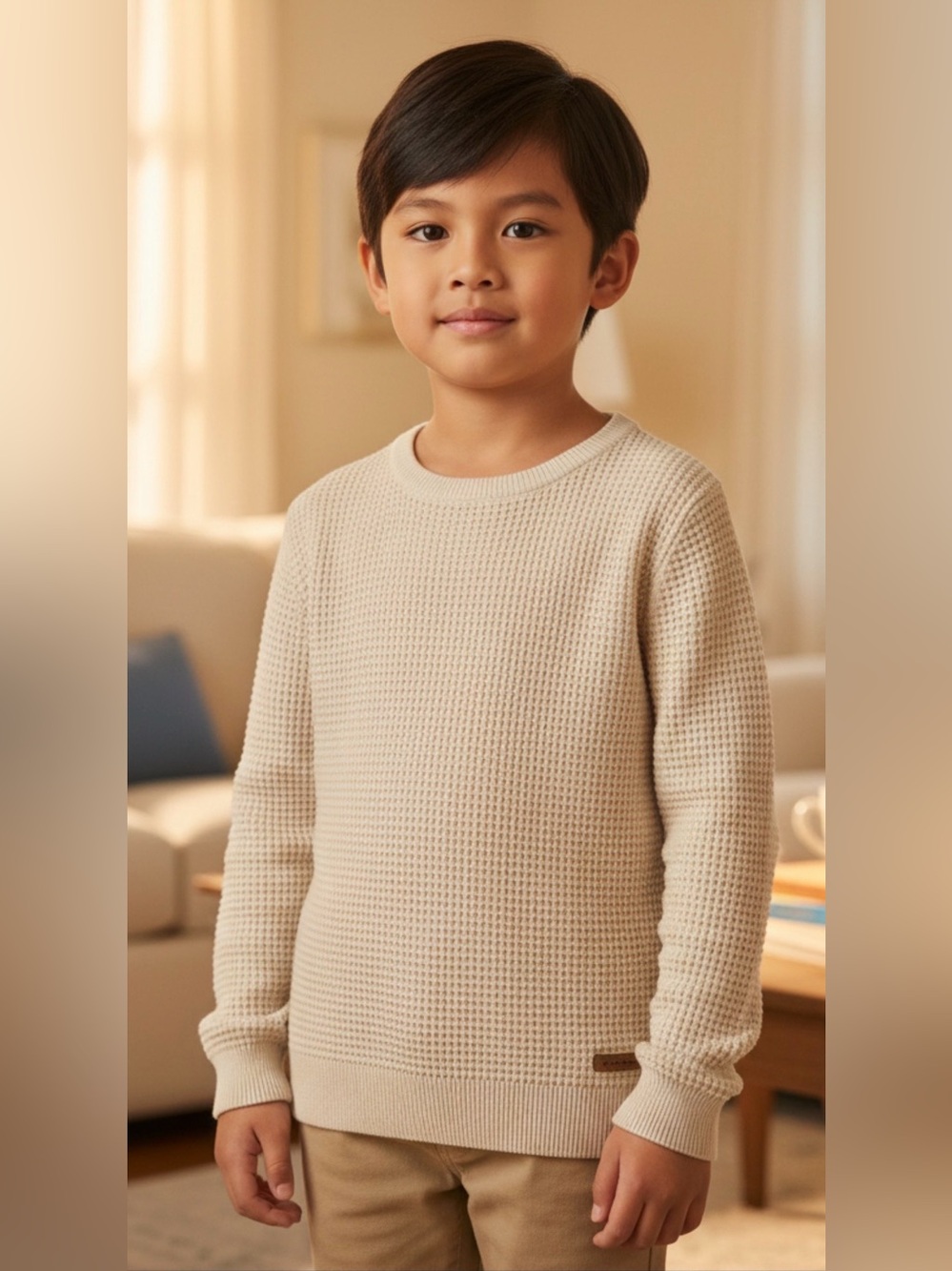 👛(ANY 2/$15) H&M Waffle Beige Weave Crew Neck Sweater 4 to 6 VIDEO